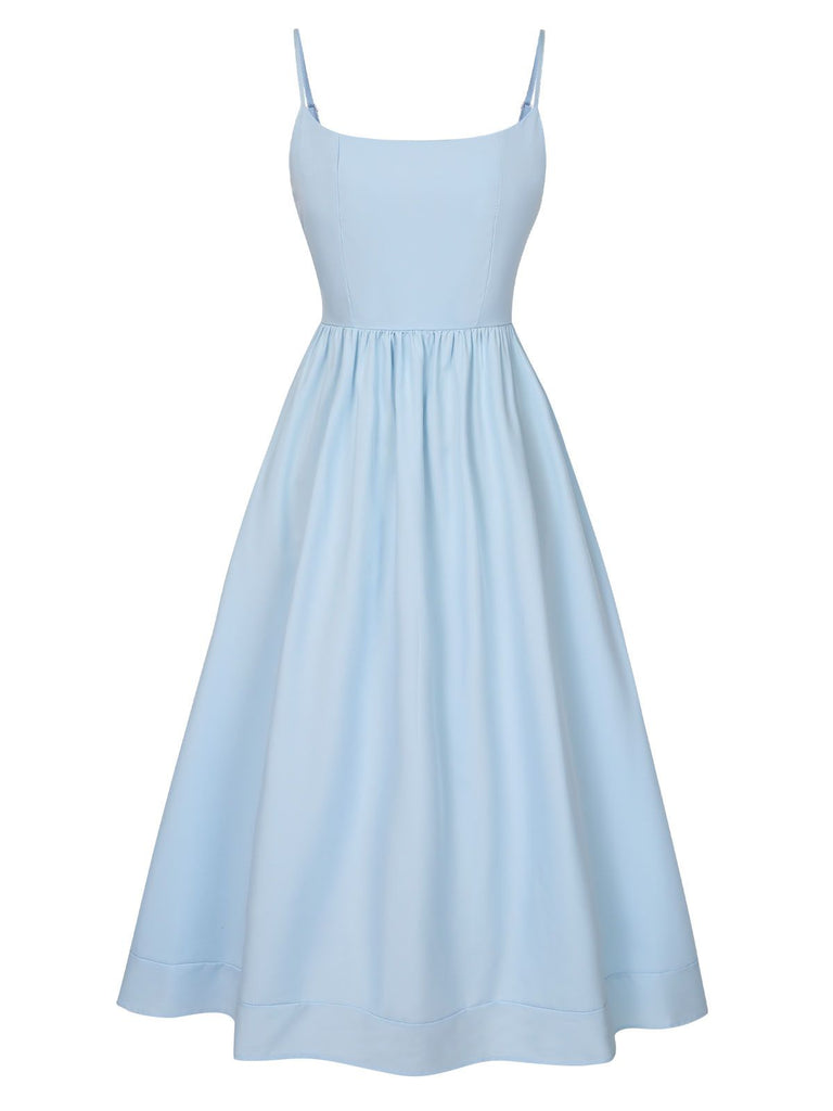 1940s U-Neck Spaghetti Strap Pleated Dress