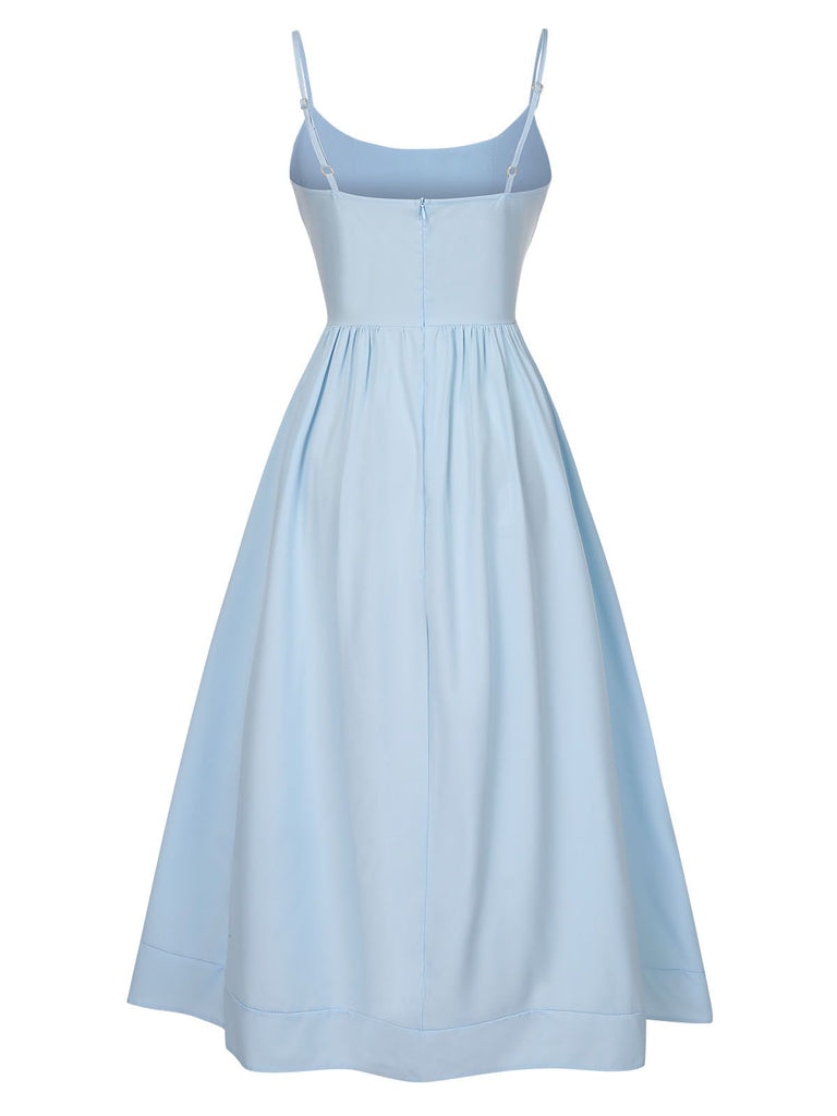 1940s U-Neck Spaghetti Strap Pleated Dress