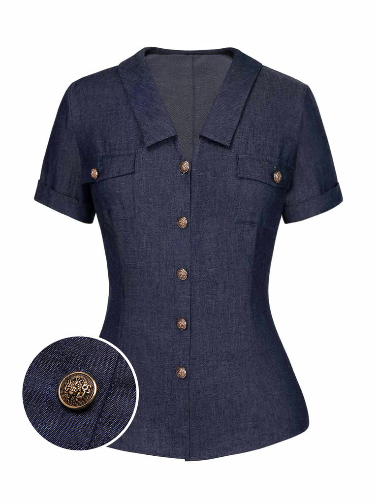 [Pre-Sale] Blue 1940s Solid Button Lapel Blouse