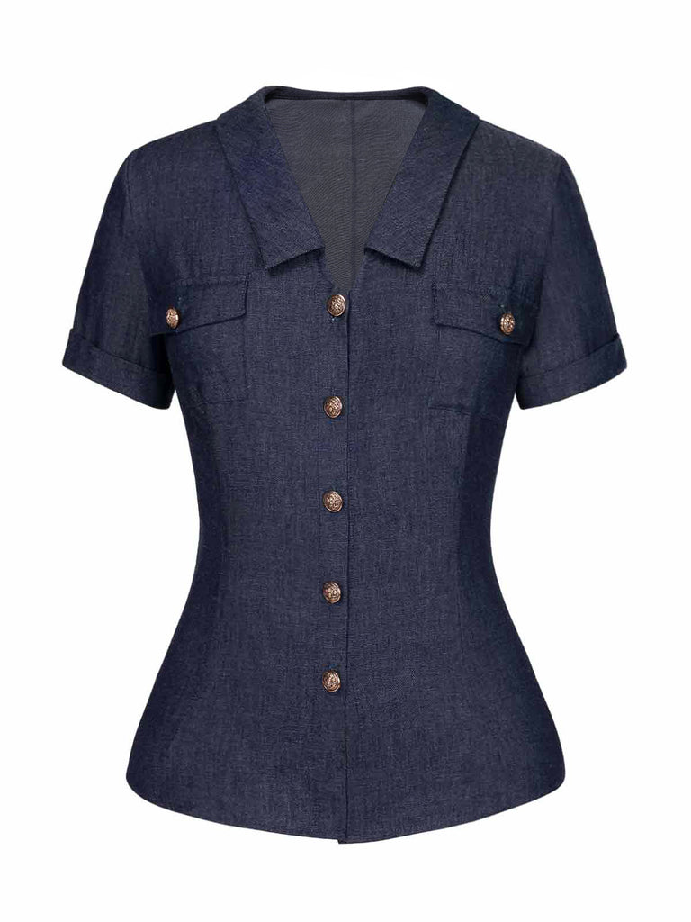 [Pre-Sale] Blue 1940s Solid Button Lapel Blouse