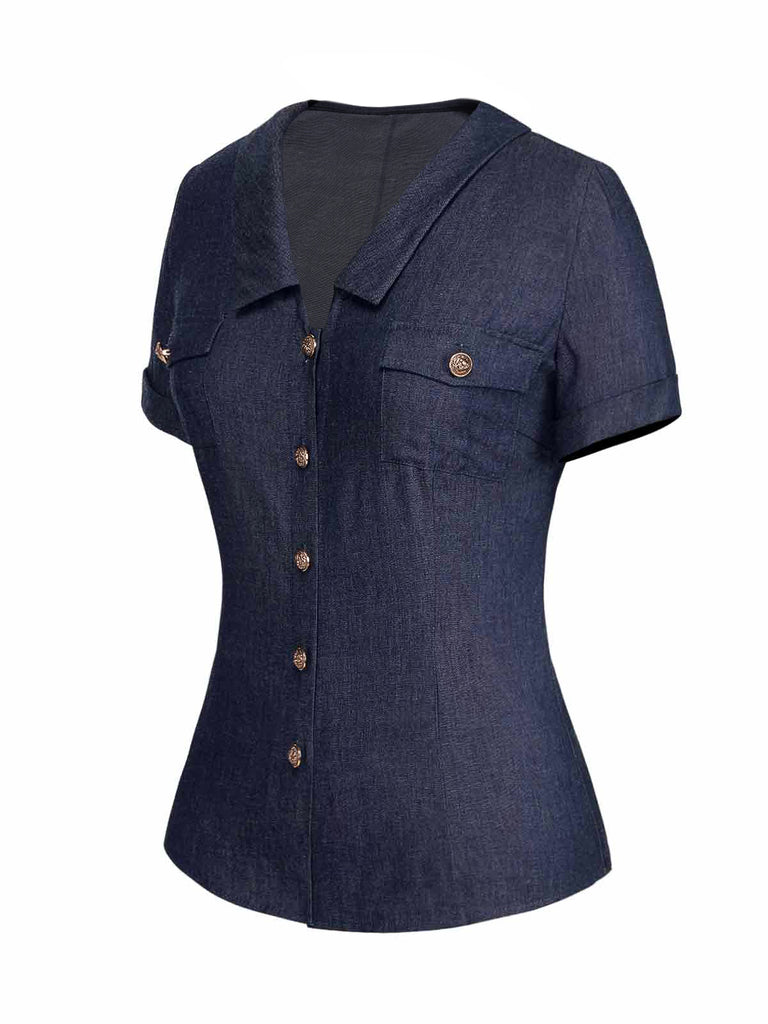 [Pre-Sale] Blue 1940s Solid Button Lapel Blouse