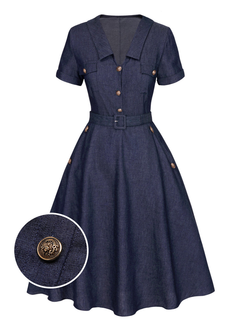 [Pre-Sale] 2PCS Blue 1940s Solid Lapel Blouse & Belt Skirt