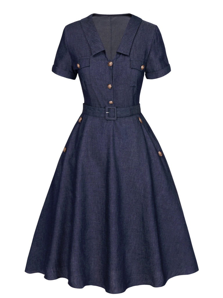 [Pre-Sale] 2PCS Blue 1940s Solid Lapel Blouse & Belt Skirt