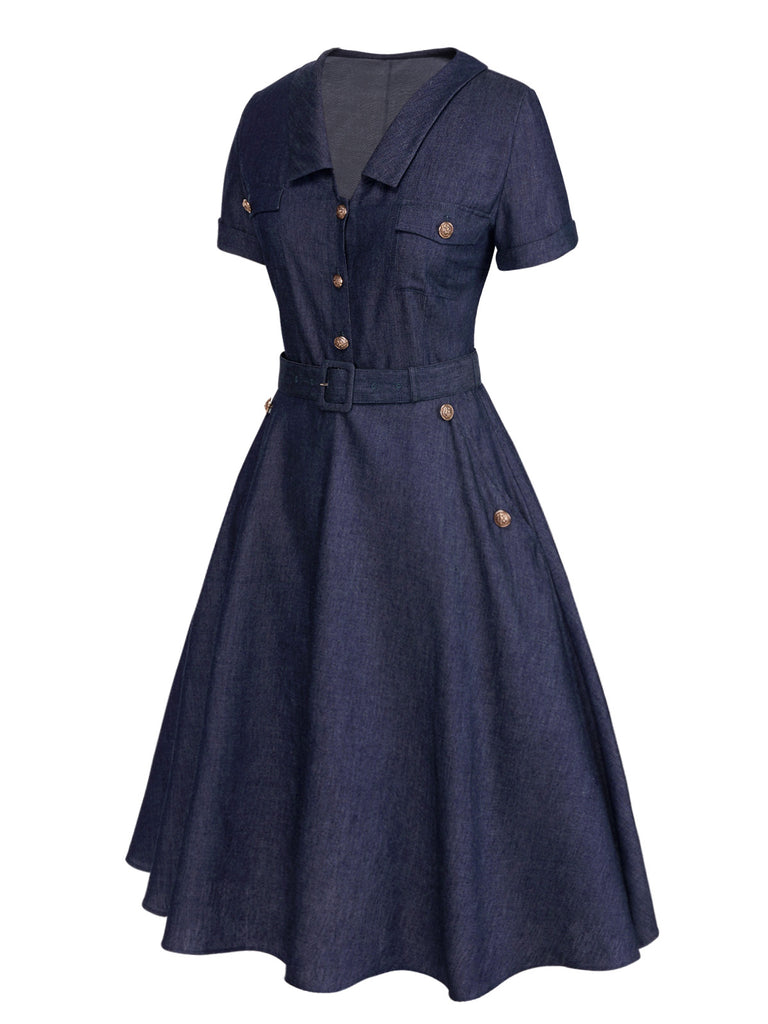 [Pre-Sale] 2PCS Blue 1940s Solid Lapel Blouse & Belt Skirt