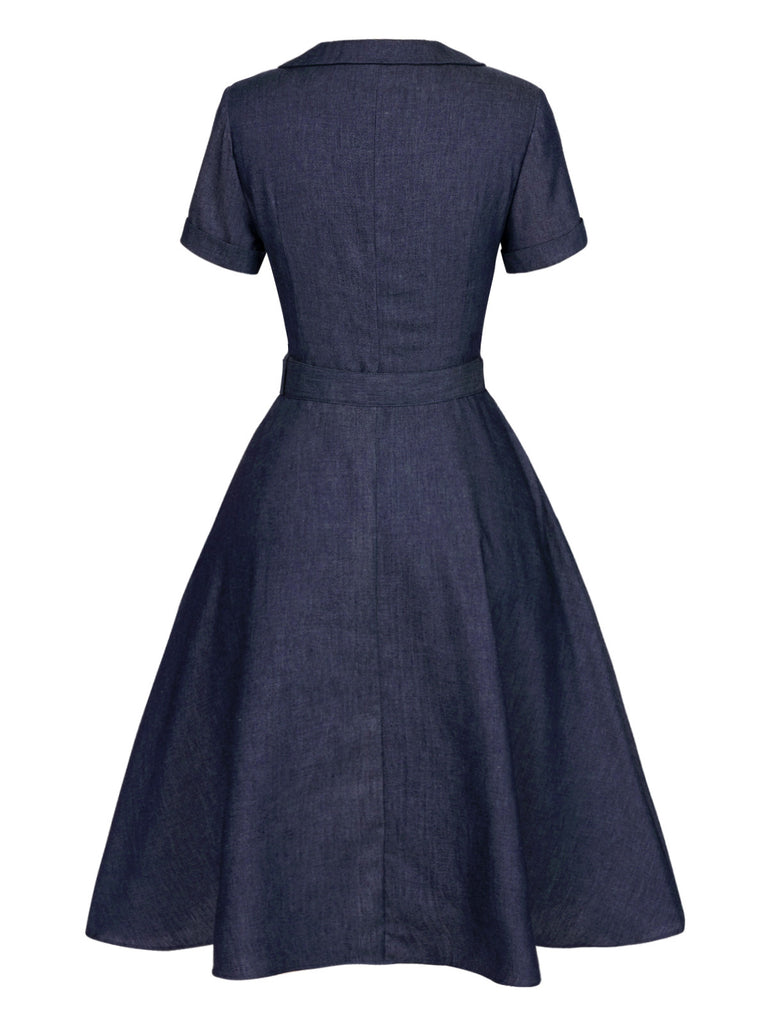 [Pre-Sale] 2PCS Blue 1940s Solid Lapel Blouse & Belt Skirt