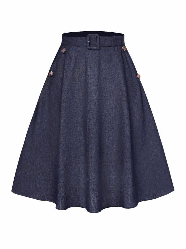 [Pre-Sale] 2PCS Blue 1940s Solid Lapel Blouse & Belt Skirt