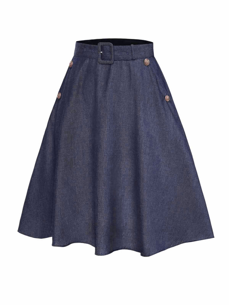 [Pre-Sale] 2PCS Blue 1940s Solid Lapel Blouse & Belt Skirt