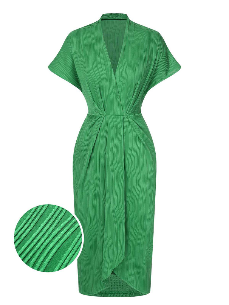 Green 1960s V-Neck Ripple Solid Dress