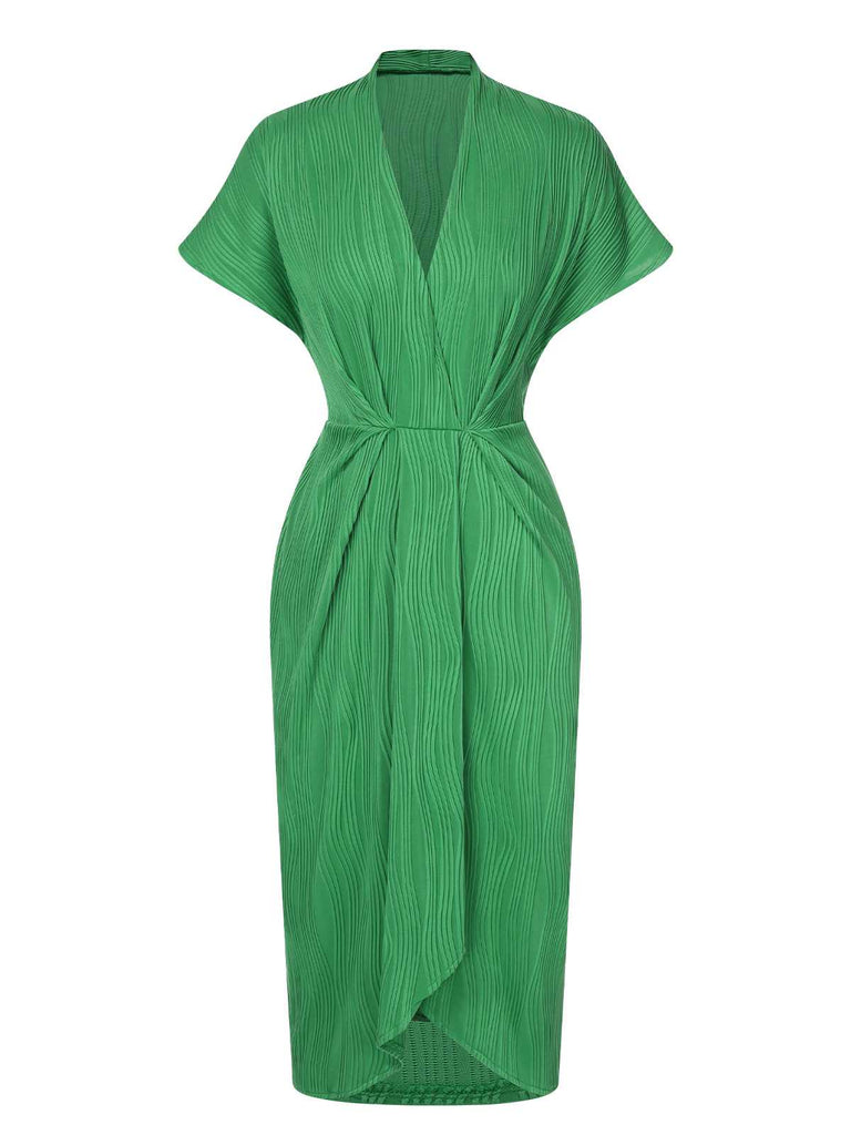 Green 1960s V-Neck Ripple Solid Dress