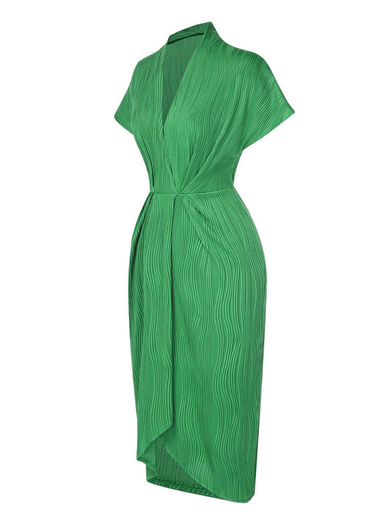 Green 1960s V-Neck Ripple Solid Dress