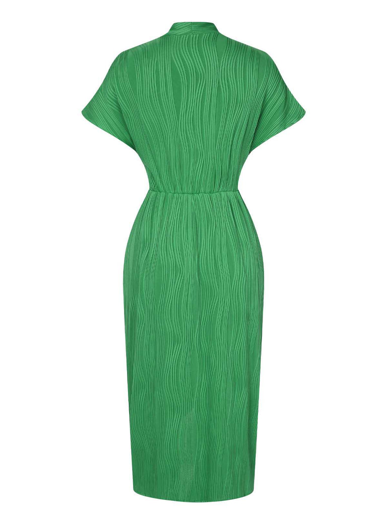 Green 1960s V-Neck Ripple Solid Dress