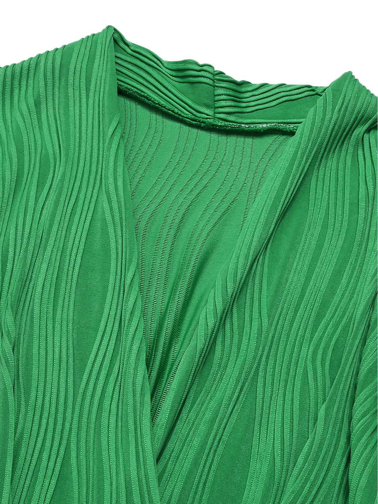 Green 1960s V-Neck Ripple Solid Dress