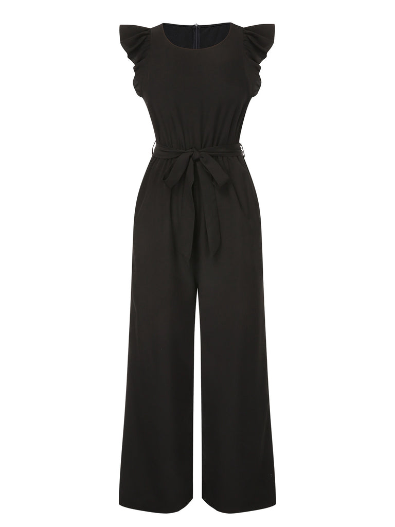 Black 1930s Solid Ruffle Sleeves Belted Jumpsuit