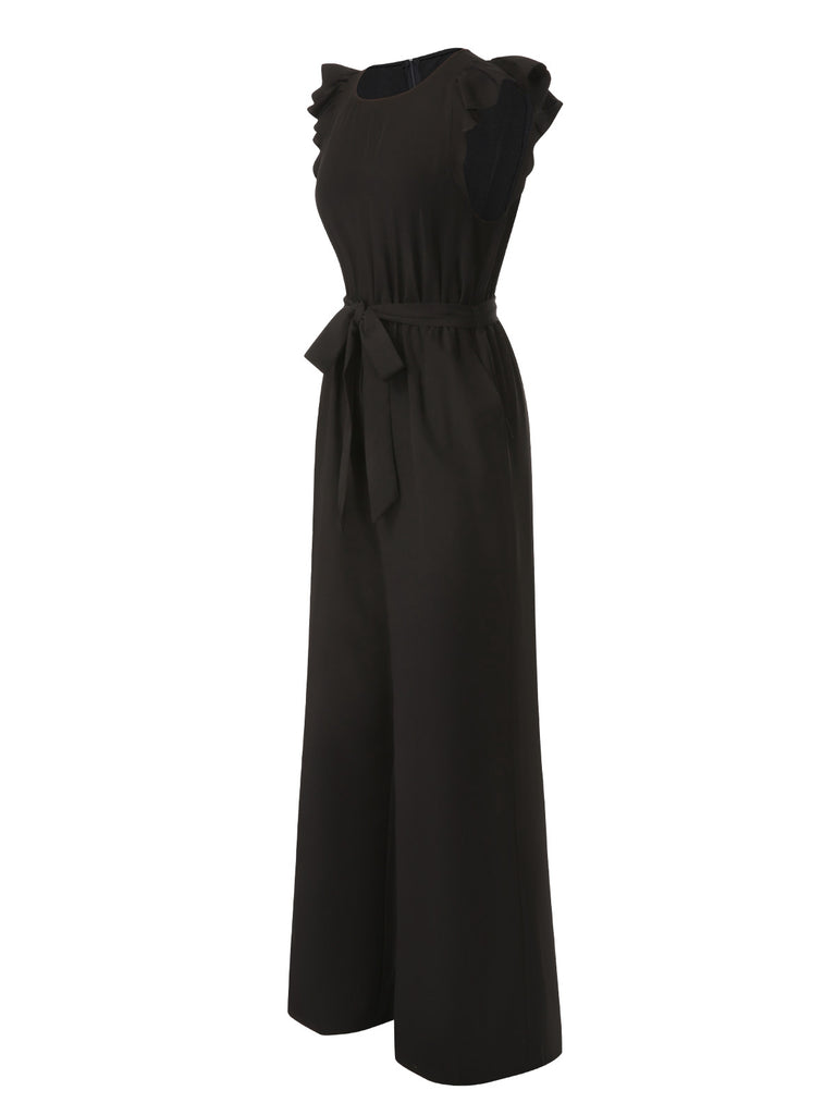 Black 1930s Solid Ruffle Sleeves Belted Jumpsuit