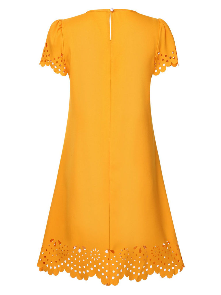 Yellow 1960s Hollow A-Line Solid Dress