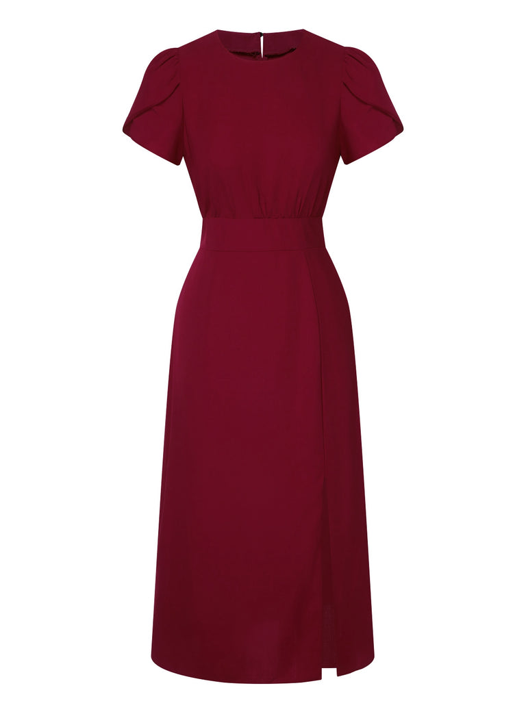 Wine Red 1960s Solid Side Slit Dress