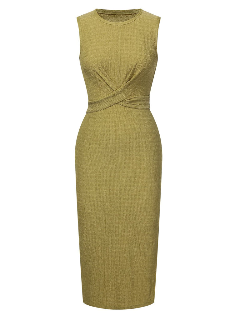 Green 1960s Textured Twist Tie Sleeveless Dress