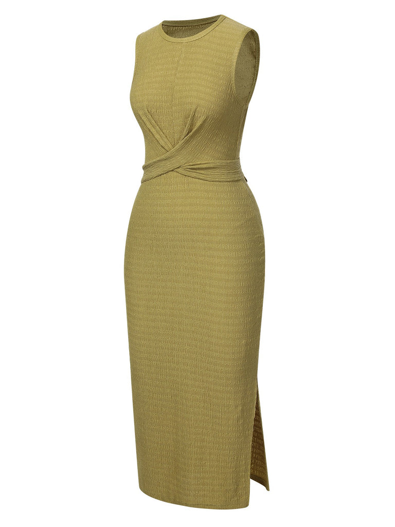 Green 1960s Textured Twist Tie Sleeveless Dress