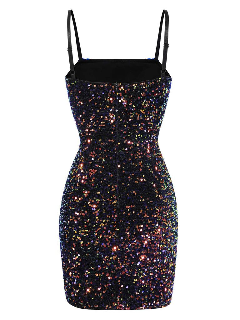 Black 1960s Sequined Straps Pencil Dress