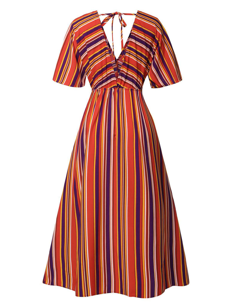 Multicolor 1970s Bayadere Stripes V-Neck Dress