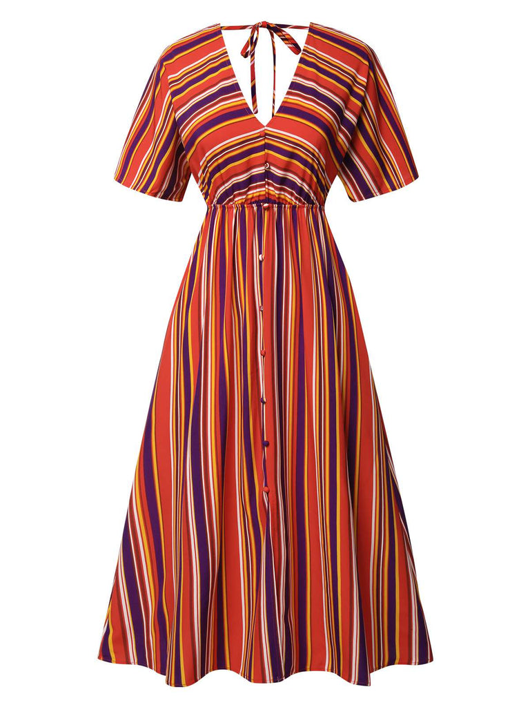 Multicolor 1970s Bayadere Stripes V-Neck Dress