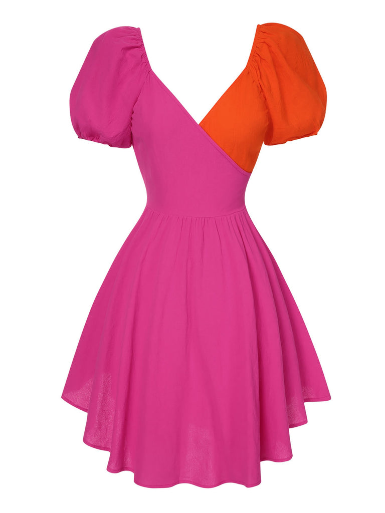 Rose Red 1960s Contrast Puff Sleeves Dress