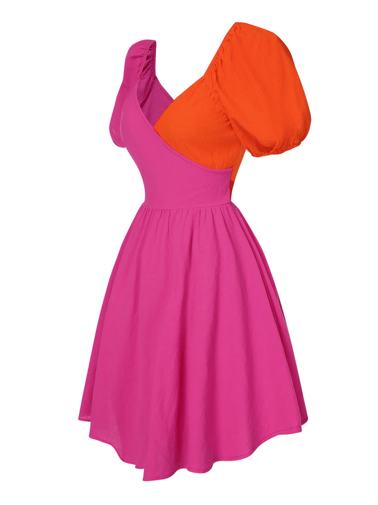 Rose Red 1960s Contrast Puff Sleeves Dress