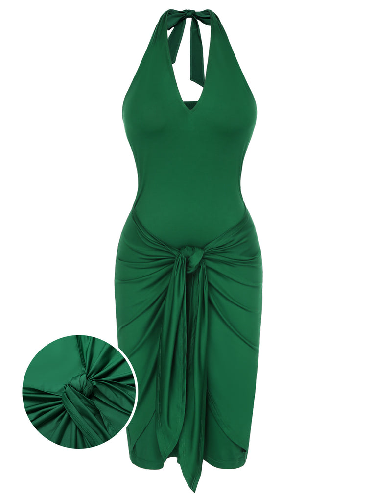 [Pre-Sale] Green 1960s Halter V-Neck Wrap Dress