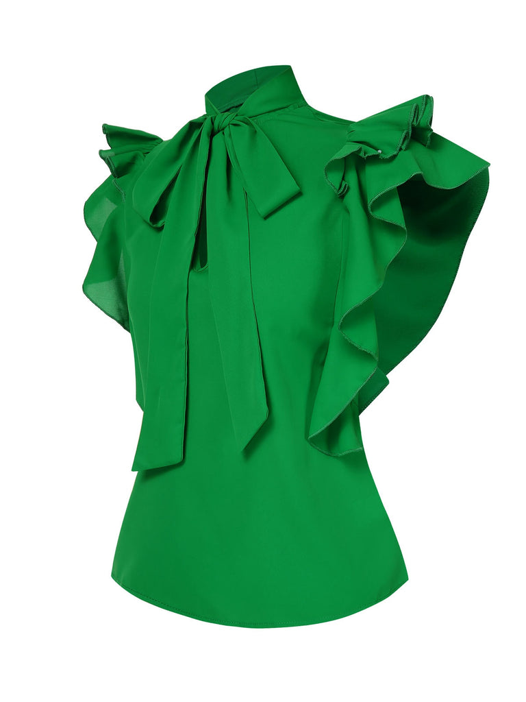 Bright Green 1950s Ruffle Tie Neck Blouse