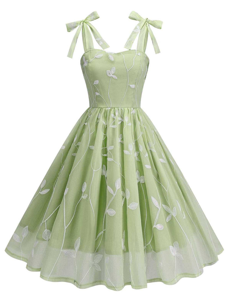 1950s Spaghetti Strap Bow Leaves Mesh Dress