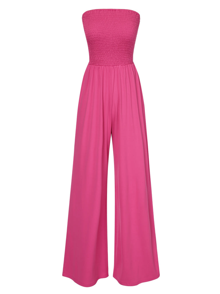 1970s Solid Sleeveless Smocked Bandeau Jumpsuit