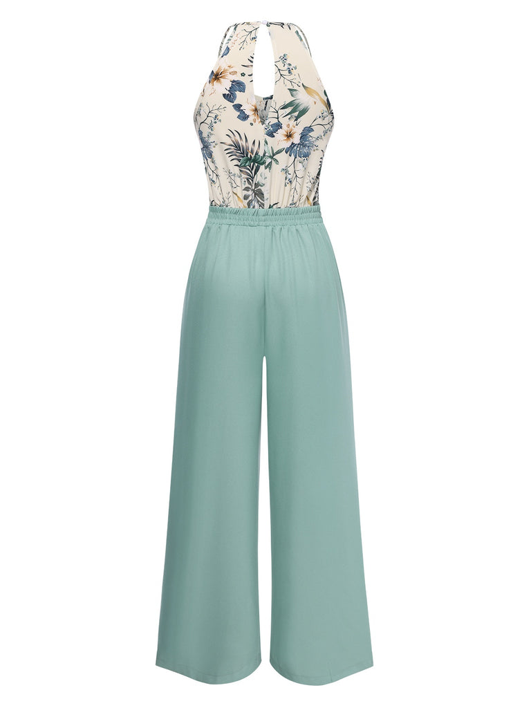 Ice Green 1950s Floral Halter Wide Leg Jumpsuit