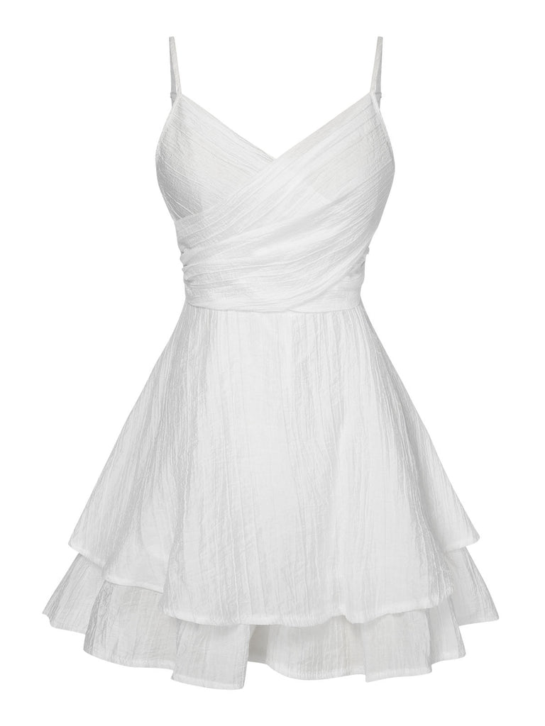 White 1950s Solid Spaghetti Straps Skirt Romper