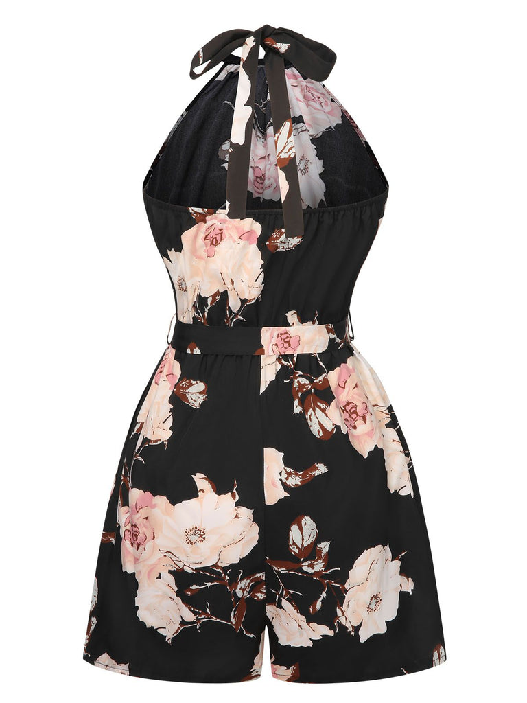 Black 1950s Halter Floral Belted Romper