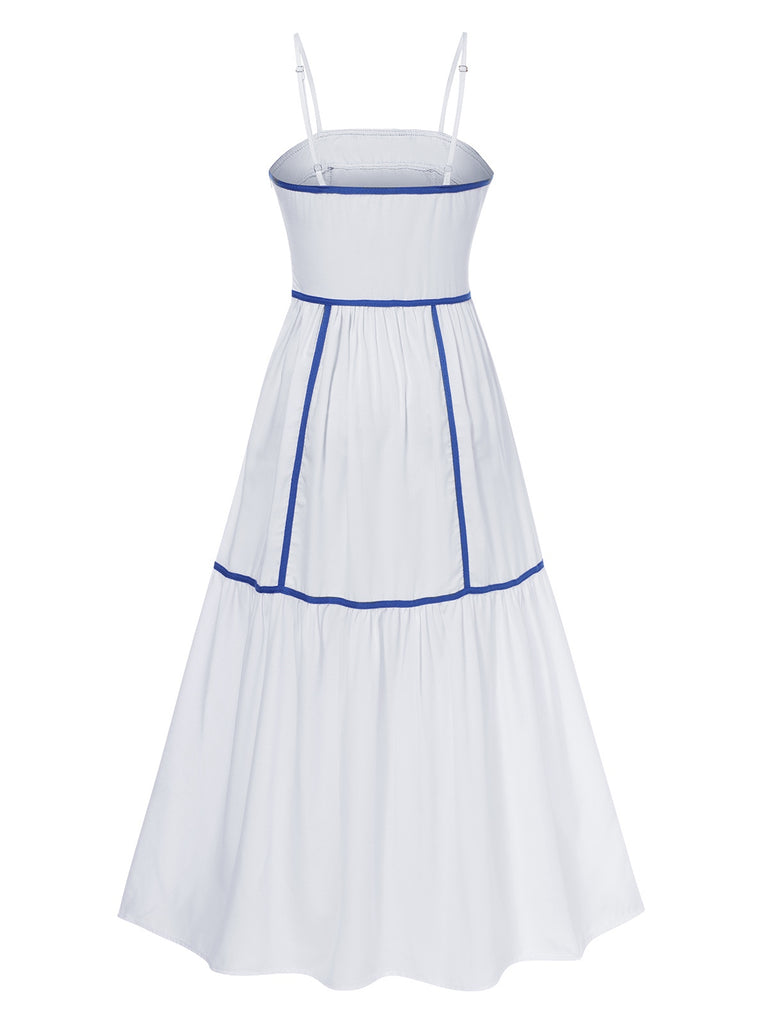 White 1950s Spaghetti Straps Blue Lines Dress