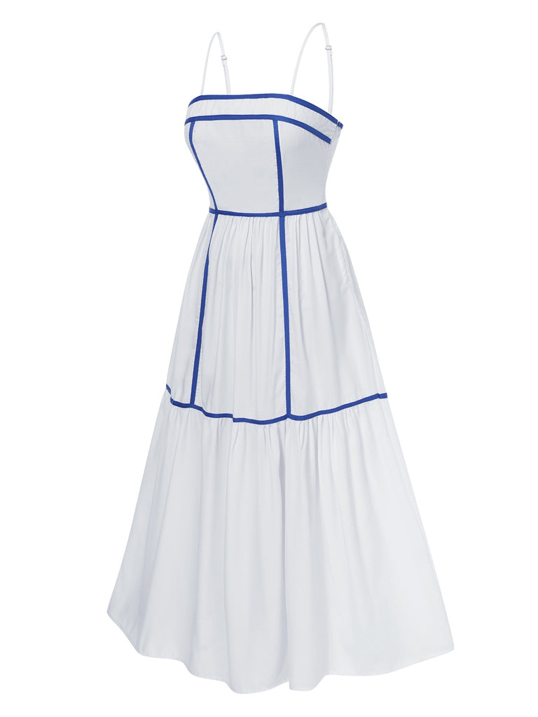 White 1950s Spaghetti Straps Blue Lines Dress