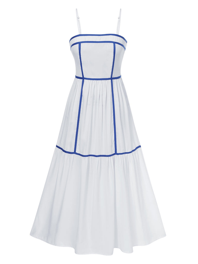 White 1950s Spaghetti Straps Blue Lines Dress