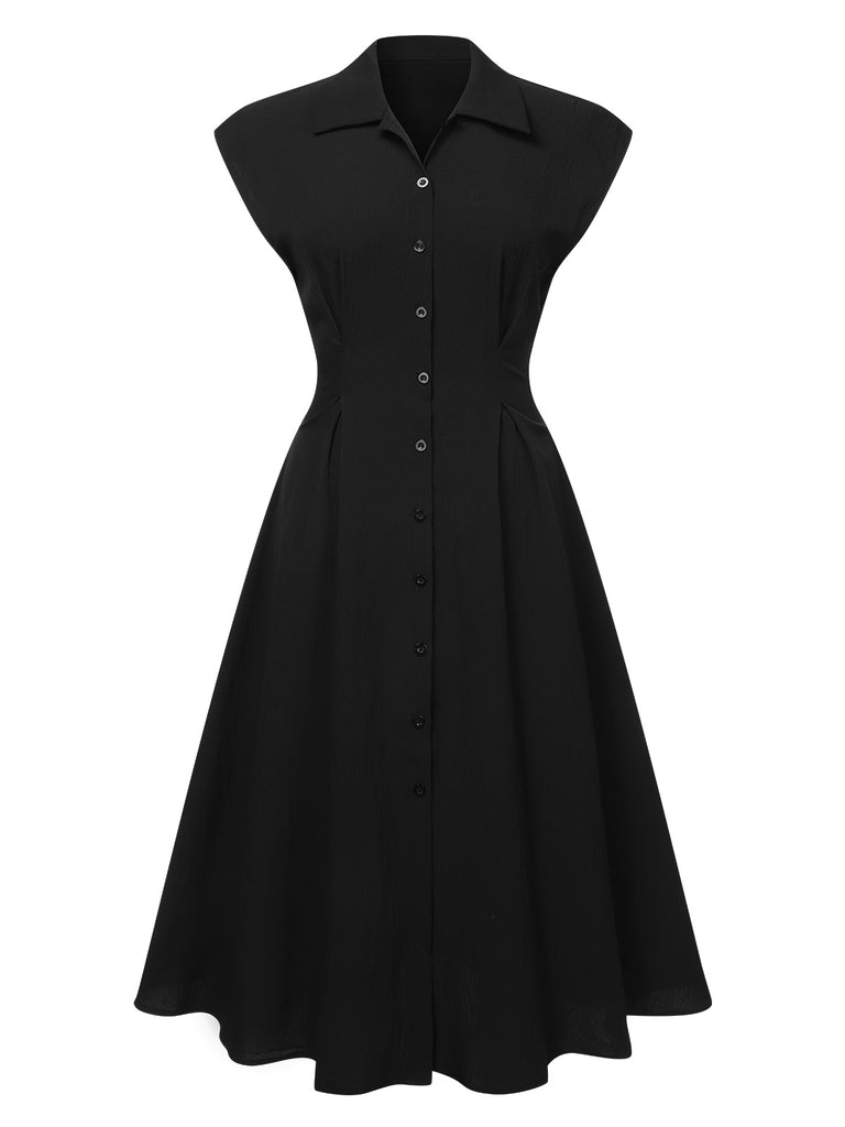 Black 1950s Shirt Collar Cap Sleeves Dress