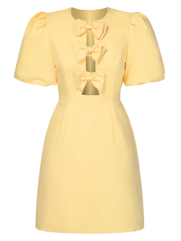 Yellow 1960s Bow Puff Sleeve Solid Dress