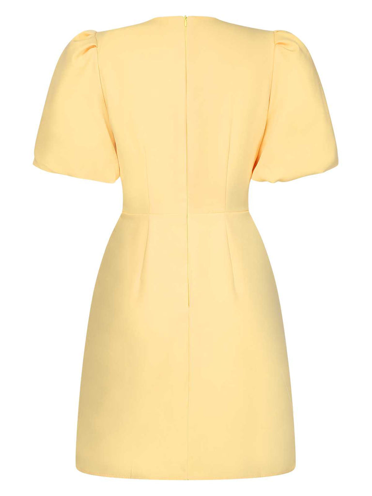 Yellow 1960s Bow Puff Sleeve Solid Dress