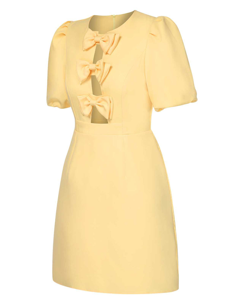 Yellow 1960s Bow Puff Sleeve Solid Dress