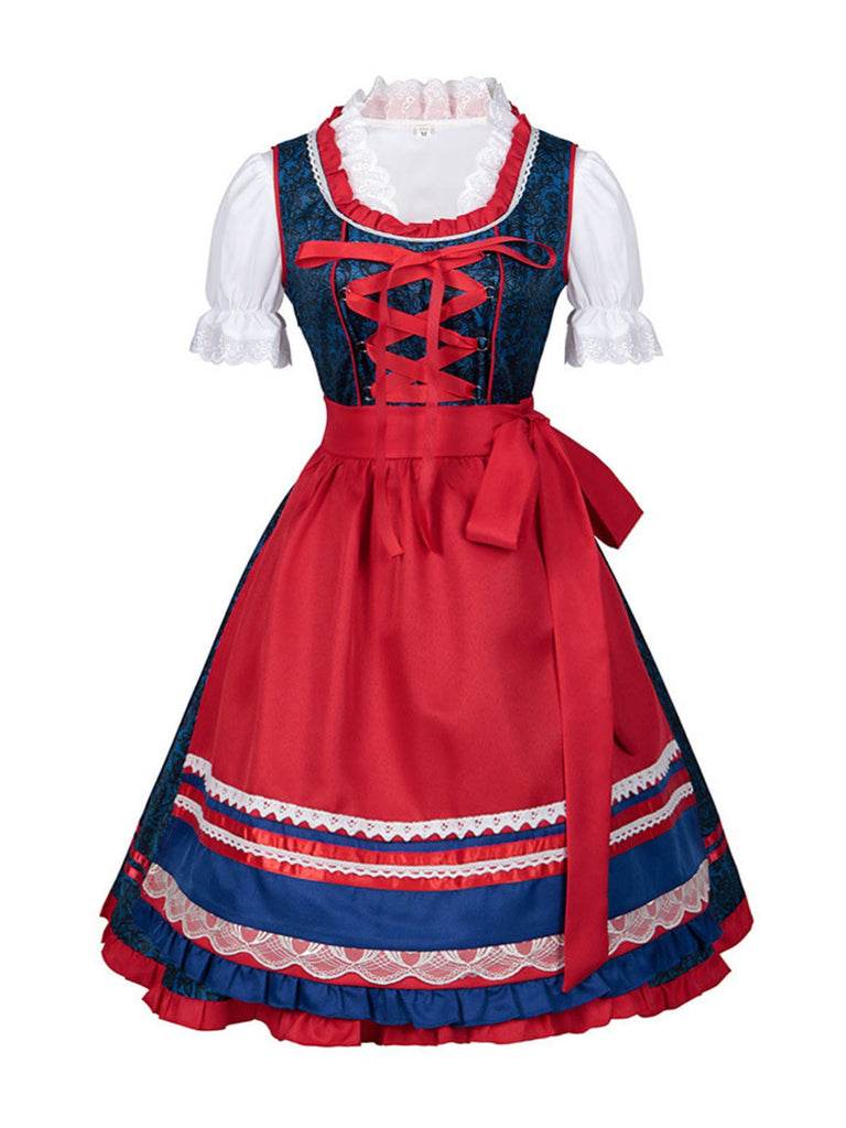 2PCS Blue 1950s Oktoberfest Bavarian Carnival Dress & Red Apron