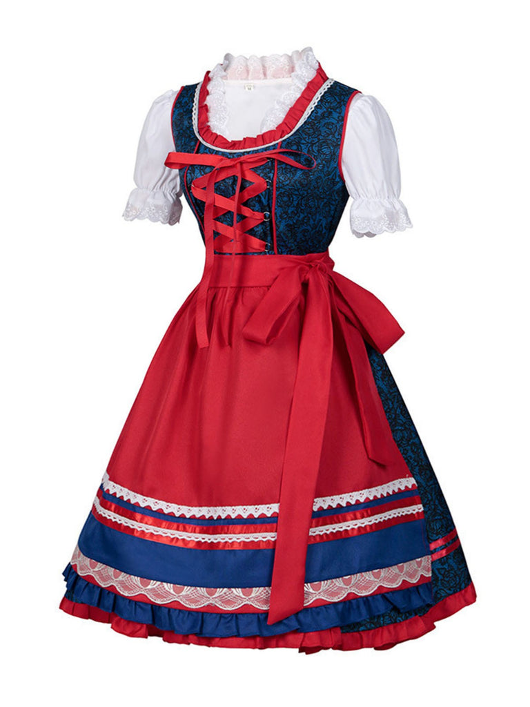 2PCS Blue 1950s Oktoberfest Bavarian Carnival Dress Red Apron Retro Stage