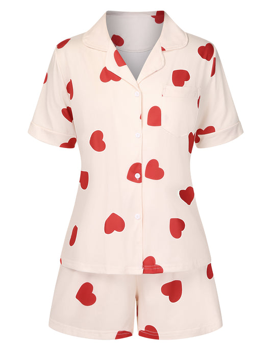 2PCS Heart Short-Sleeved Shirt Shorts Pajamas