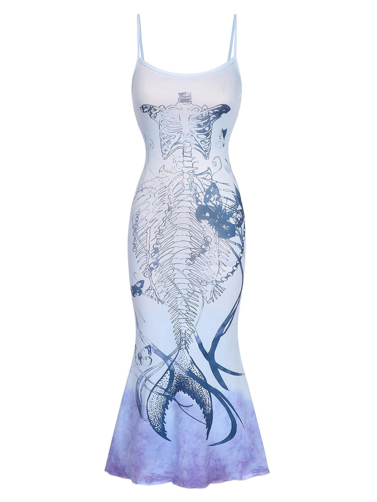 Blue 1930s Butterfly Mermaid Skeleton Fishtail Dress