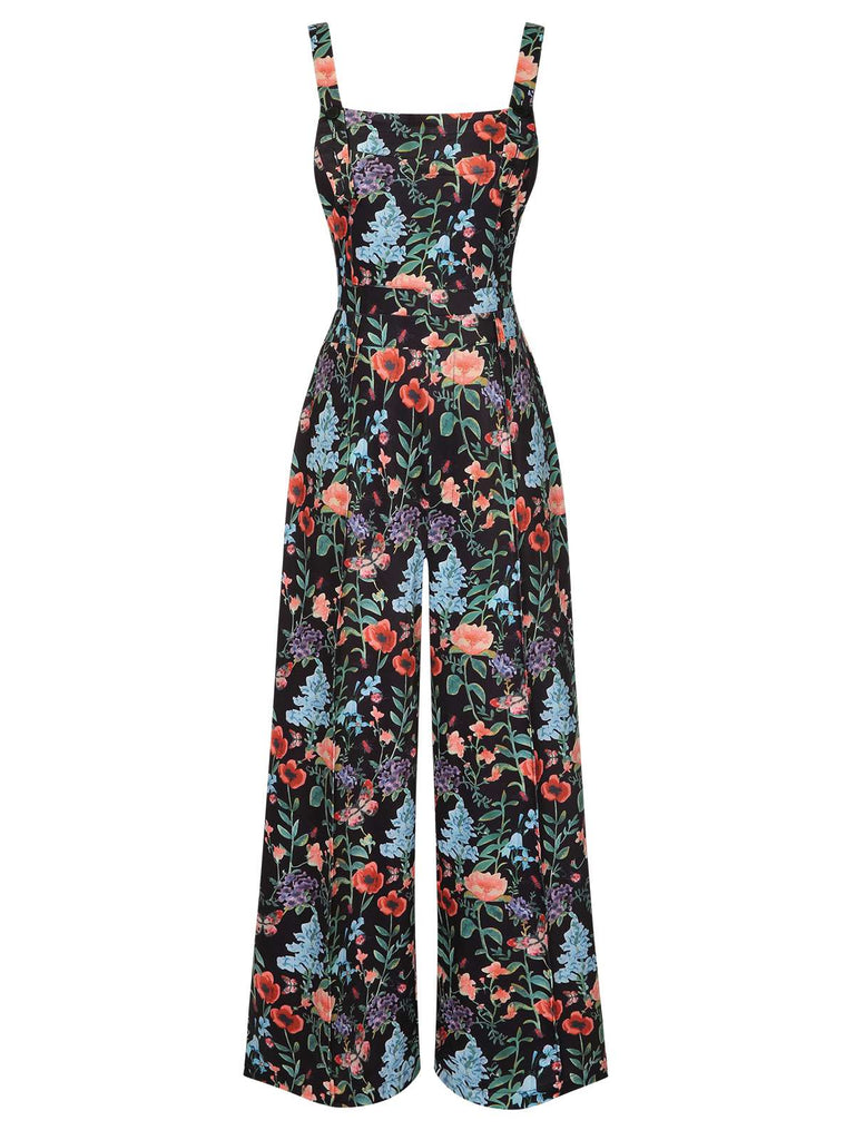 Multicolor 1930s Floral Square Neck Strap Jumpsuit