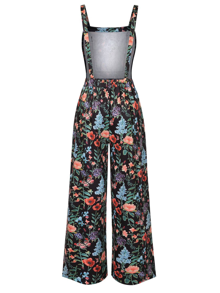 Multicolor 1930s Floral Square Neck Strap Jumpsuit