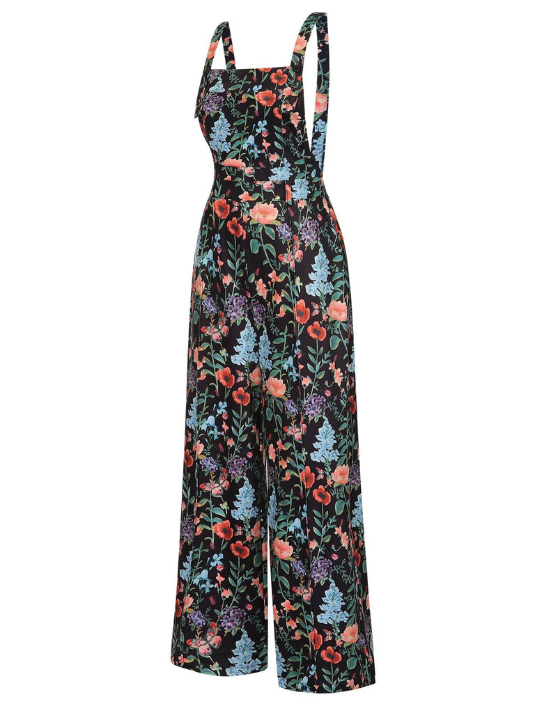 Multicolor 1930s Floral Square Neck Strap Jumpsuit