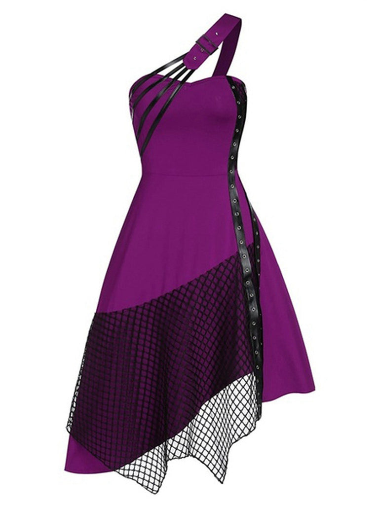 Purple 1970s One Shoulder Irregular Lace-Up Dress