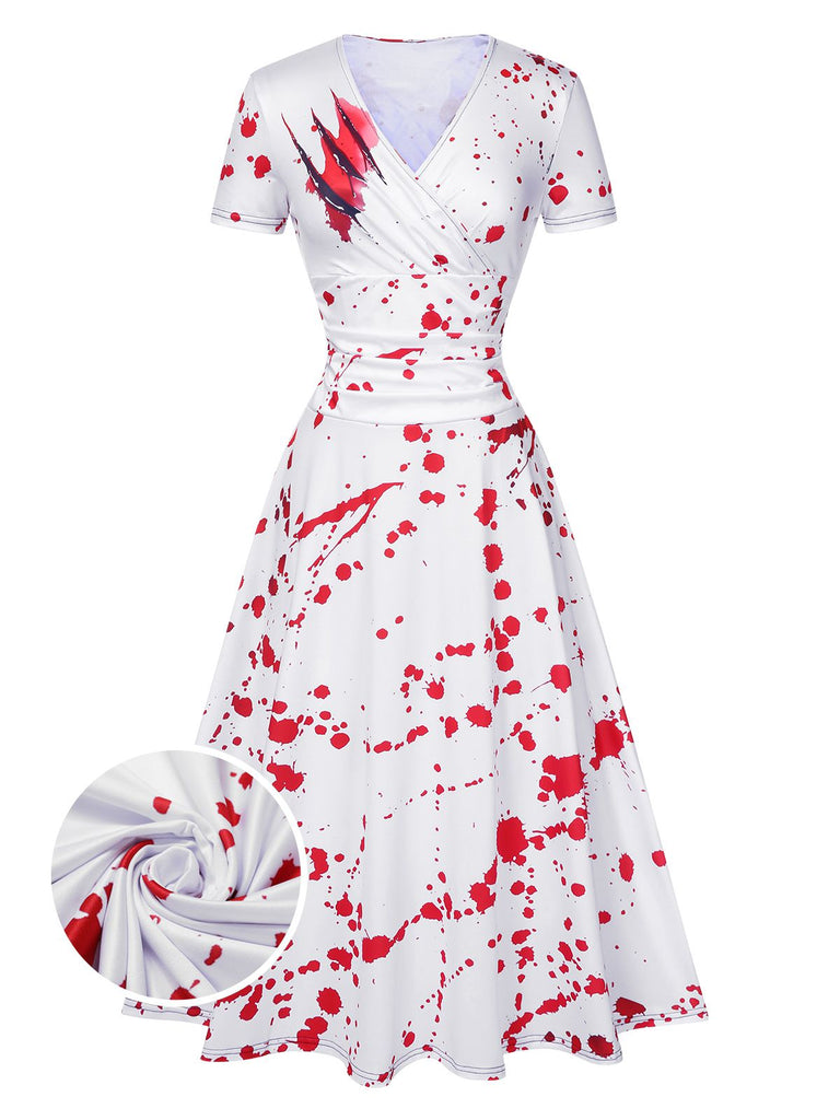 White 1940s Halloween Bloodstains V-Neck Dress